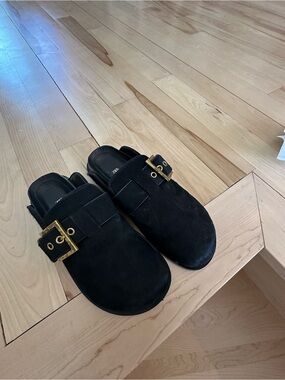Zara Black Suede Mule Clogs with Gold Buckles
